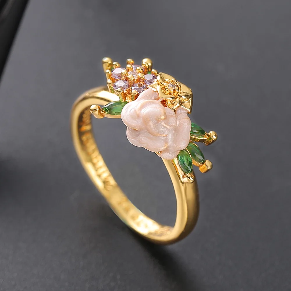 Foydjew Exquisite Pink Rose Flower Rings For Women Gold Color Green and Purple Zircon Ring Engagement Valentine Jewelry
