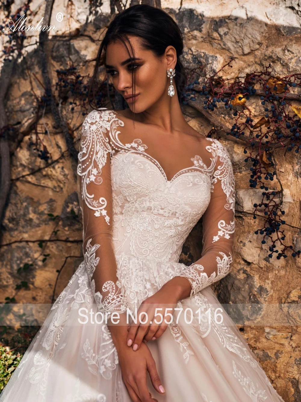 Alonlivn High-end Whole Appliques Lace Bride Skirts Vestido de Noiva V-Neck A-Line Long Sleeves Wedding Dress