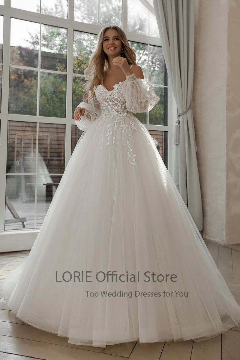 LORIE Glitter Wedding Dresses Puff Sleeve Appliques Lace 3D Flower off Shoulder Tulle Boho Bride Gown Customized vestidosdenovia