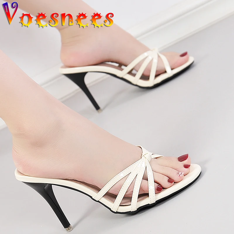 2024 New Designer Fashion Women Slippers Apricot Strappy Mule High Heels Sandals Flip Flops Pointed Toe Slides Party Shoes Woman