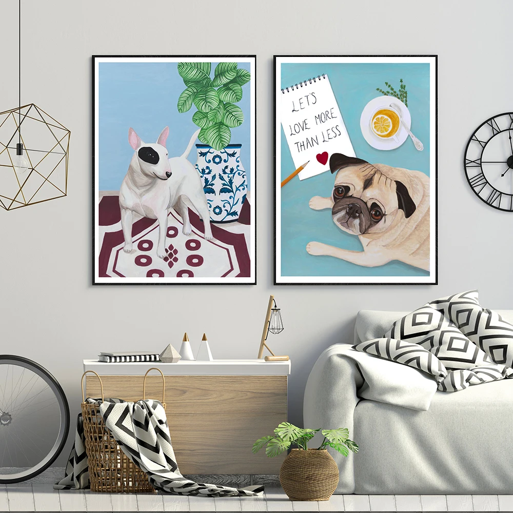 English Bull Terrier And Plant Cartoon Canvas Wall Art Cute Dog Poster Kids Bedroom Decor Picture