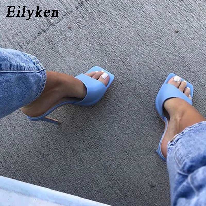 Eilyken 2024 Fashion Soft Cozy PU Leather Peep Toe Heels Womens Slippers Outdoor Designer Sandals Mule Femme Slides Shoes