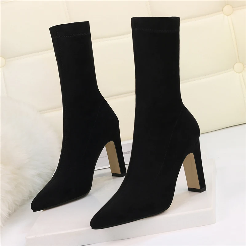 

2023 Winter New Comfortable Women Sock Boots Square High Heels Suede Ankle Boots Fashion Pointed Toe Fall Stretch Shoes Big Size