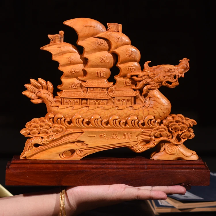 Smooth Sailing Dragon Boat Double-Sided Wood Sculpture - Handcrafted Art with Red Wood Base, Elegant Home and Office Decoration