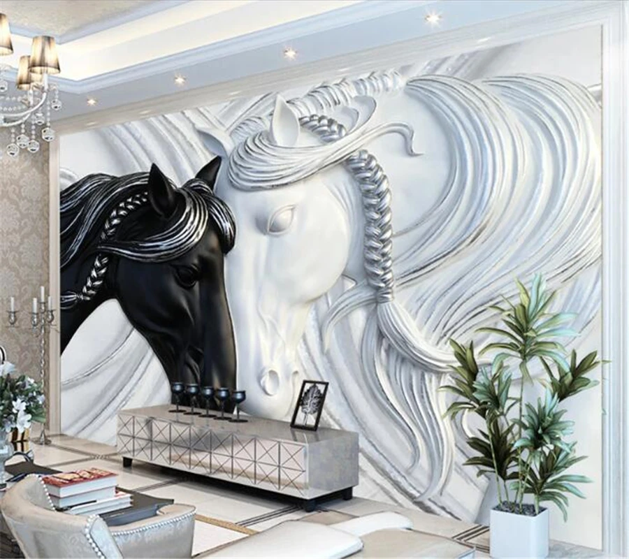 Custom wallpaper 3d fashion black and white double horse embossed TV background wall living room bedroom hotel wallpaper обои 3d