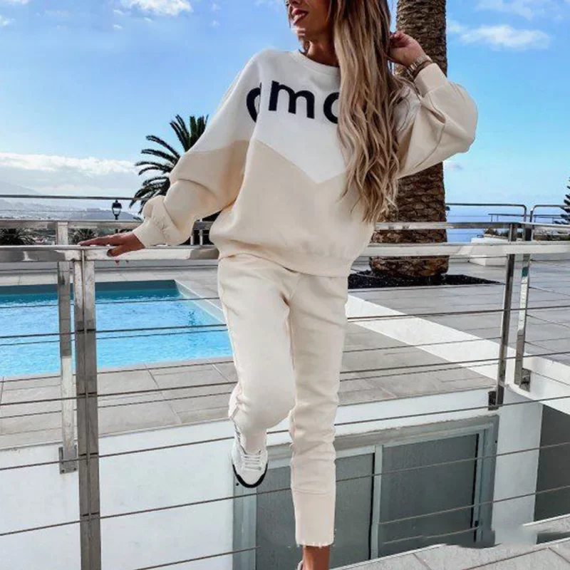 Fall Winter New Knitted Tracksuit Women Sportswear Panelled Letter 2 Piece Set Casual Pullover Sweater Pants Set Loungewear Suit