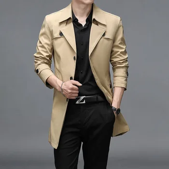 Men's Long Button Trench Coat 3 Men Long Trench Coats Hight Quality Button Windbreaker Mens Fashion Turn Down Collar Solid Trench Outerwear Jackets Plus Size 3