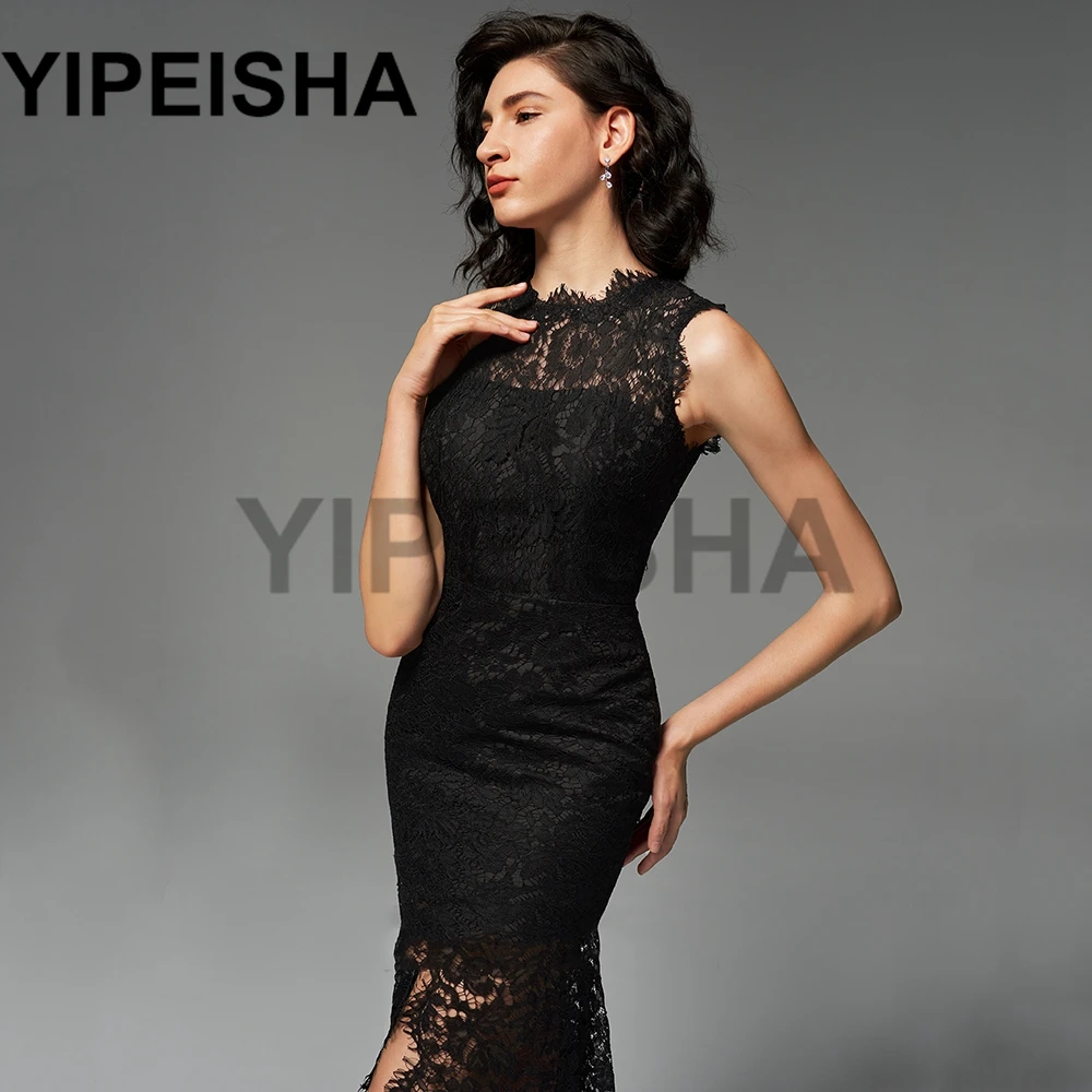 O-Neck Sleeveless Backless Front High Split Evening Dresses See-Through Lace Sexy Prom Party Gown vestidos de fiesta فساتين السه