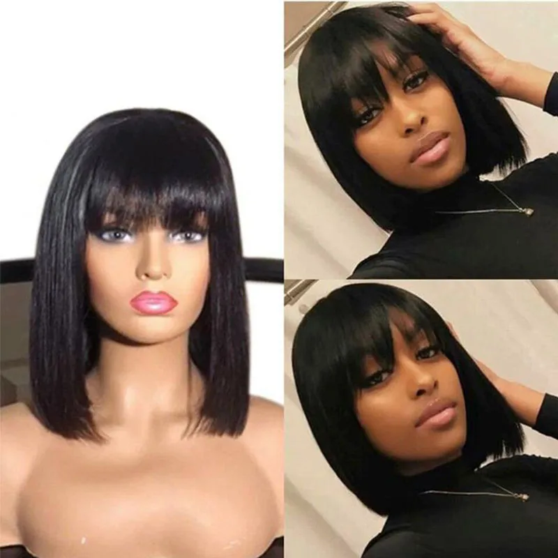 Straight Wig With Bangs Fringe Short Bob Human Hair Wig With Bangs For Women Brazilian Glueless Full Machine Made With Bangs