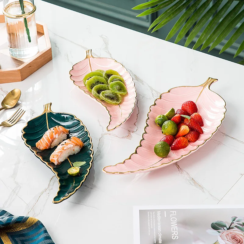 Nordic style gold rim leaf-shaped plate jewelry plate ceramic small jewelry storage tray sushi tray fashion snack plate