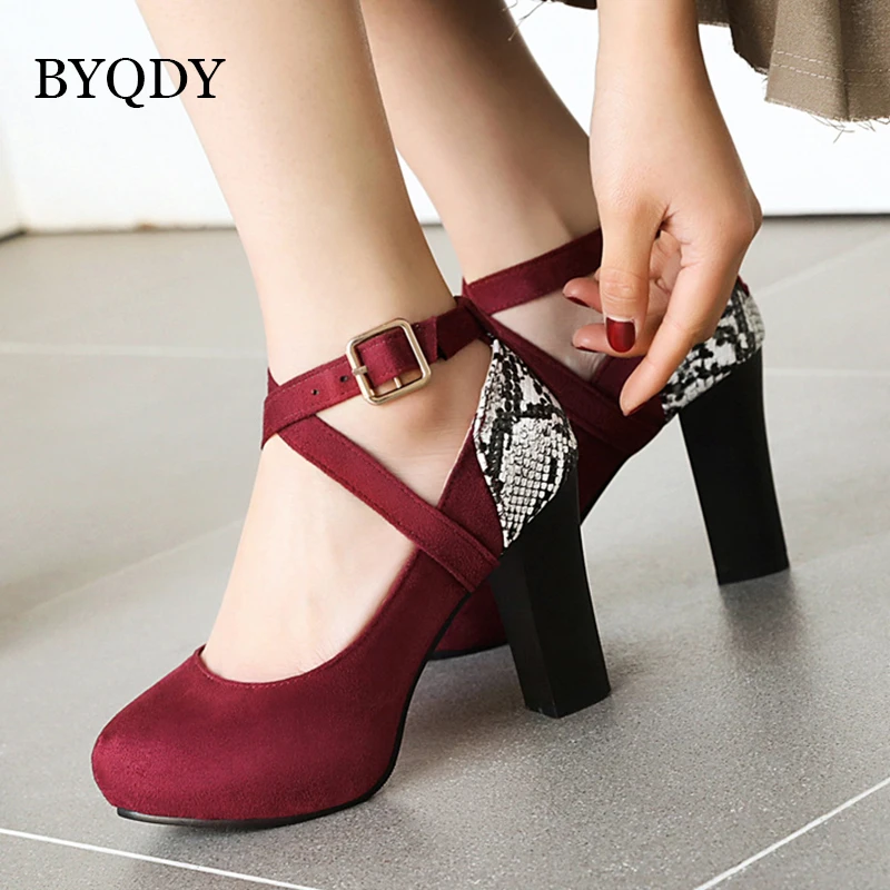 BYQDY Fashion Cross-tied Ankle Strap Female Pumps Wedding Party Shoes Platform Round Toe Dress Women Shoes High Heels Suede Shoe