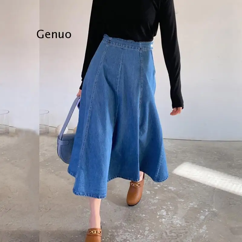 2021 Spring Summer High Waist Pleated Denim Skirt Elegant Vintage Mid-Calf Jean Long Skirt  Midi Flare Skirts Clothes