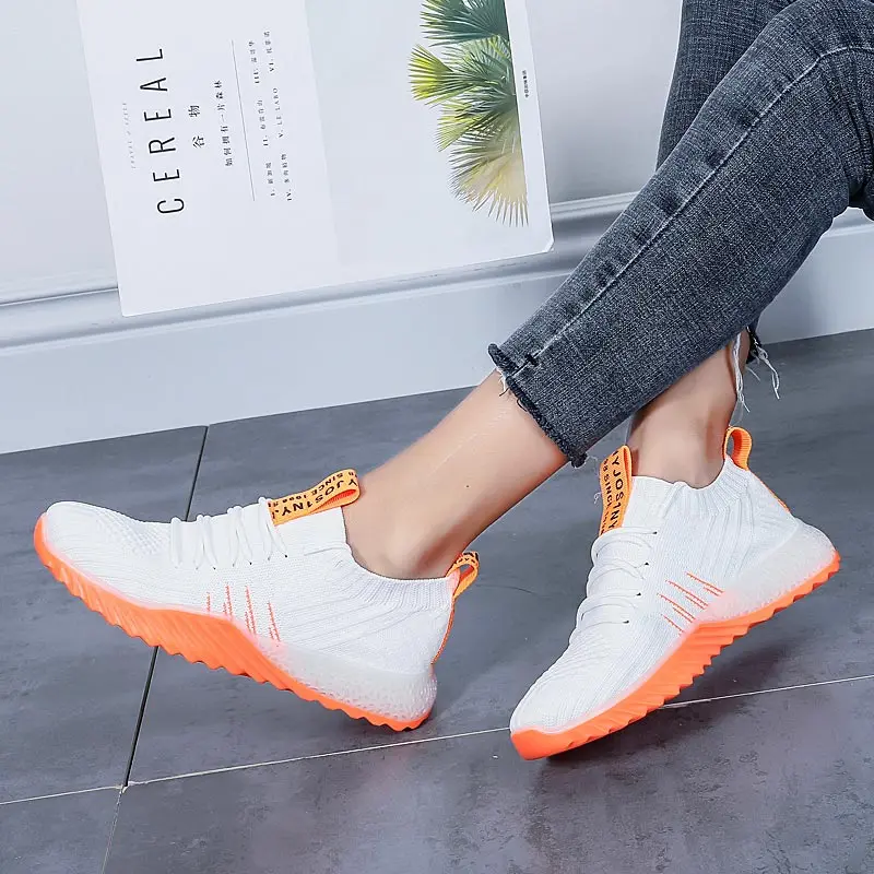 Summer Knitted Socks Sneakers Women Sport Shoes Woman Sports Shoes Lady Running Shoes for Women White Orange Knit Knited E-261