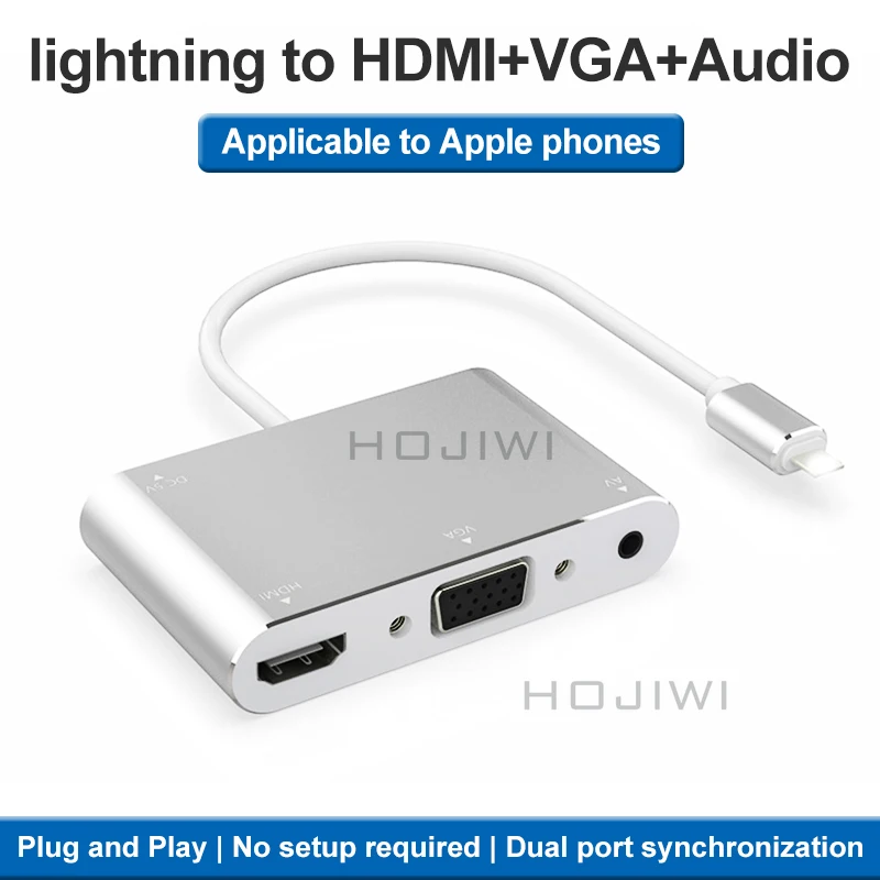 HOJIWI Lightning To HDMI VGA 3.5มม.อะแดปเตอร์ Audio Video อะแดปเตอร์ขยาย HUB OTG สำหรับ iPhone/iPad Air/Mini AD26