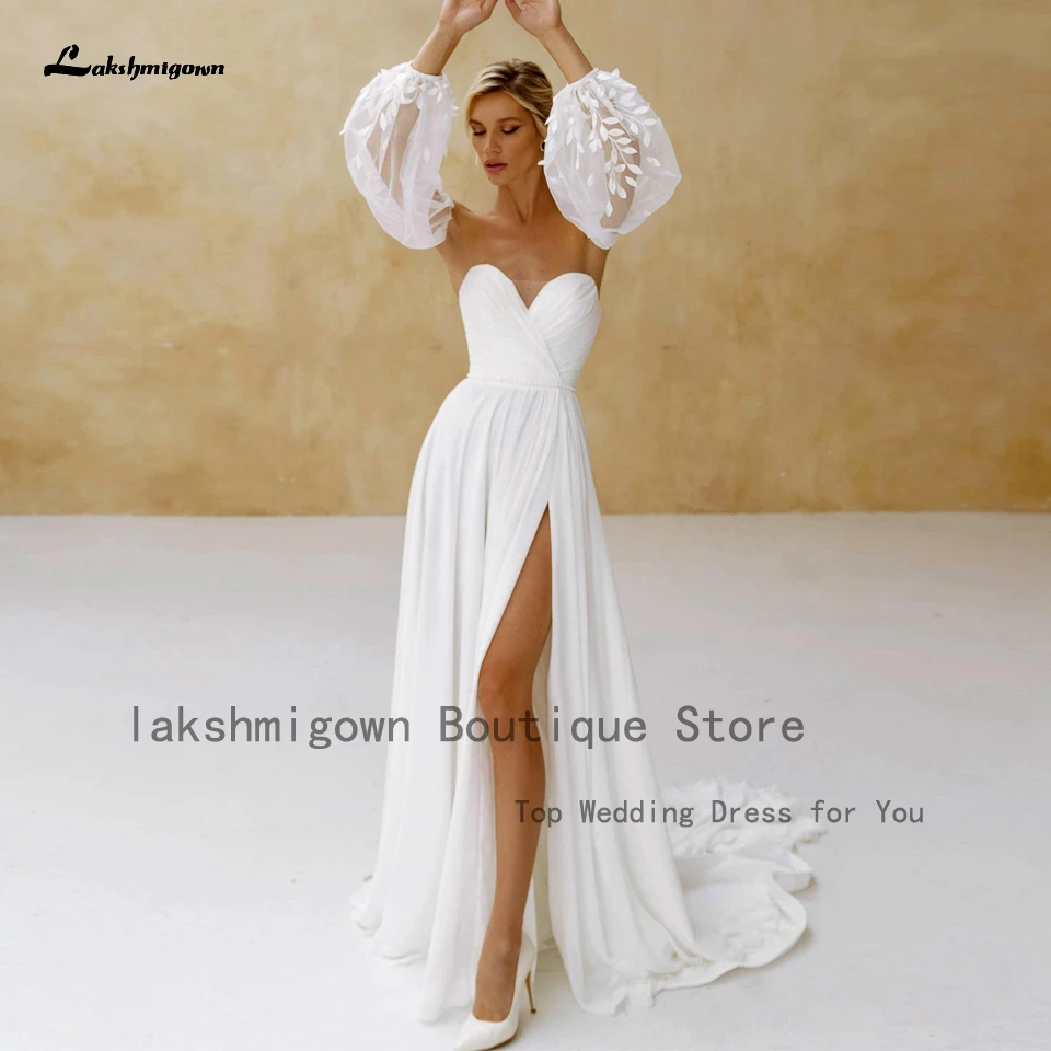 

Lakshmigown Chic Boho Long Sleeve Wedding Dress Detachable Sleeves Robe 2022 Elegant Chiffon Bridal Wedding Dinner Party Gowns