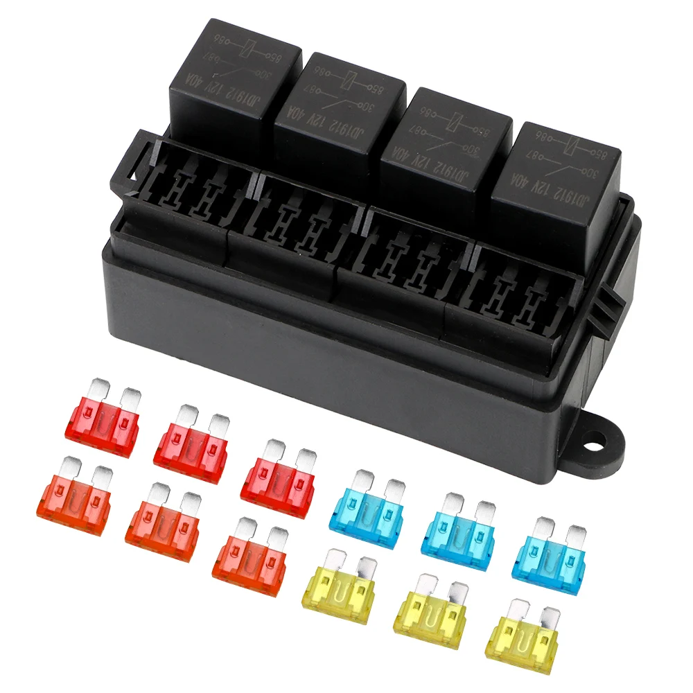 12V 24V 40A 12Way Blade Fuse Box Holder 4 Pin Relays Spade Terminals Overloard Protection Accessories for Auto Car Truck Trailer