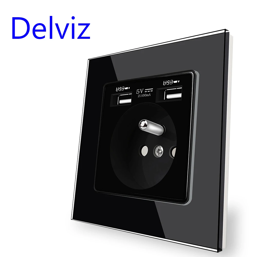 Delviz Wall Power USB Socket, 5V 2100mA Double usb security charging interface, Toughened Glass Panel 16A France Standard Outlet