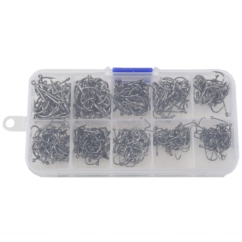 500pcs Fish Jig Hooks with Hole Fishing Tackle Box 10 Sizes Carbon Steel