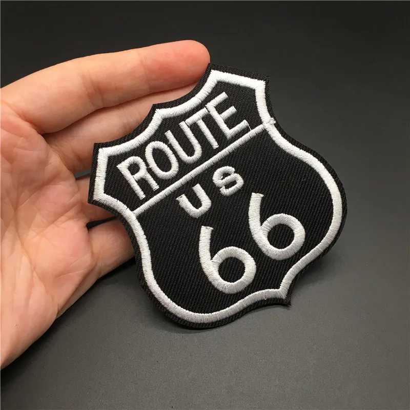 Route 66 dimensioni: 7.2x7.8cm Patch per vestiti fai-da-te ferro su Badge striscia ricamata per abbigliamento giacca adesivo Applique per cucire