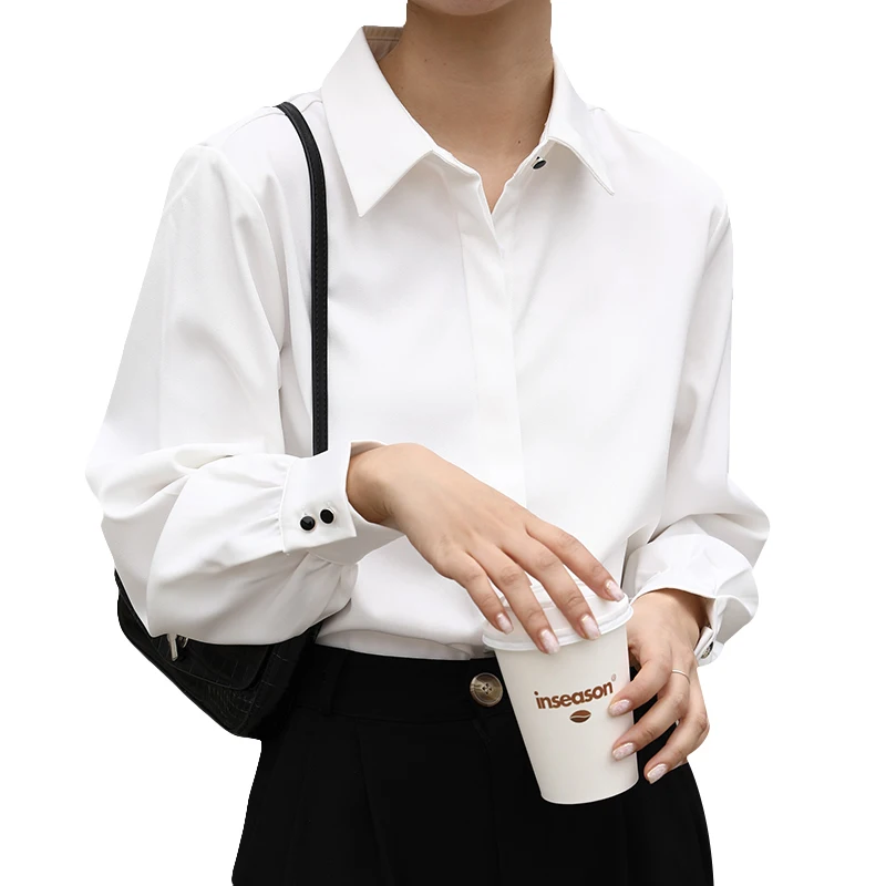 OL Style Formal Women White Shirts Turn-Down Collar Blouse Tops Elegant Workwear Female Blusa Single-Breasted Shirts Long Sleeve