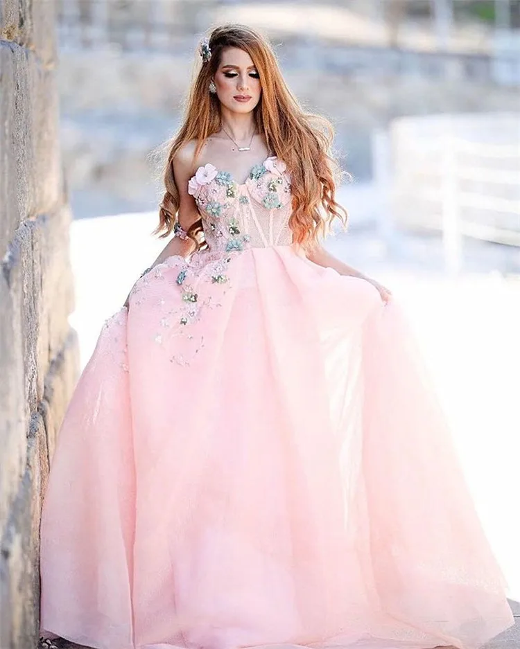 Light Pink Evening Dress 2020 New Flowers Beads One Shoulder Sweetheart Neck A-line Floor Length Prom Dress платья знаменитостей