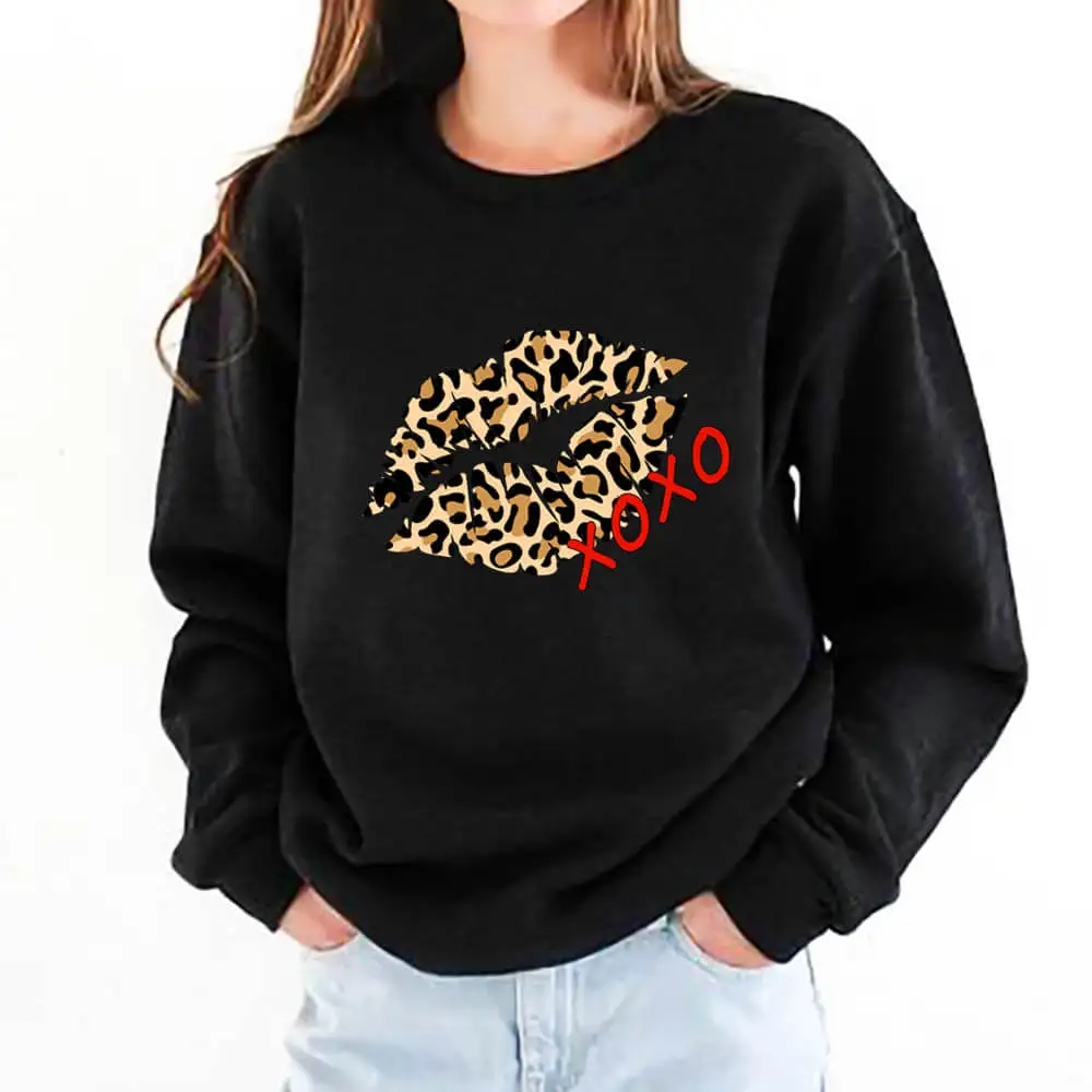 

Leopard Lips 100%Cotton Colored Printed Valentine's Day Sweatshirt New Arrival Women's Casual Long Sleeve Tops Valentines Gift