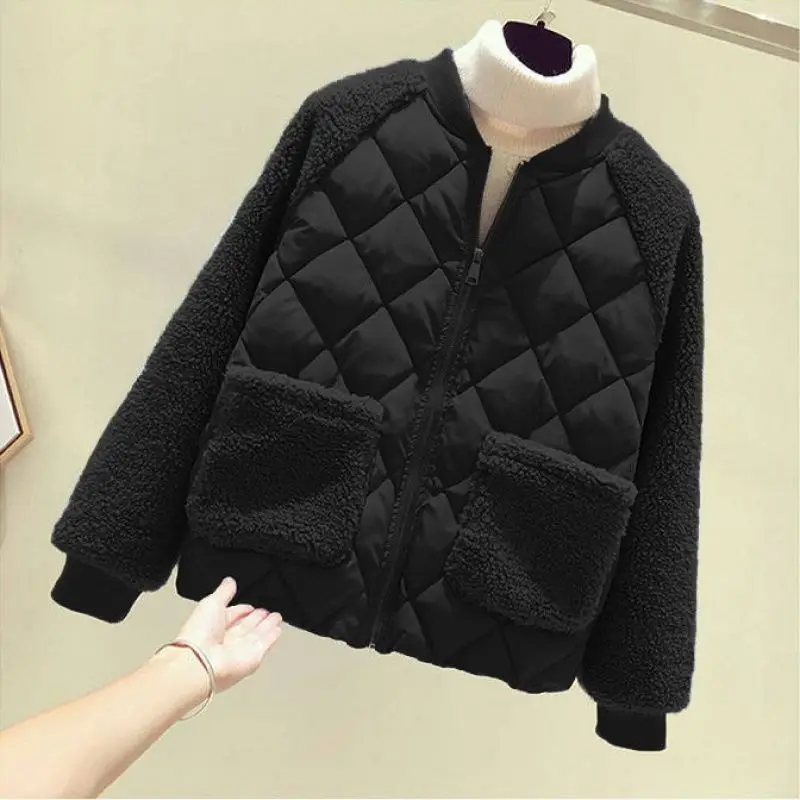 Women Jacket 2025 New Lamb Wool Stitching Large Size Cotton Coat Spring Autumn Outwear Loose Overcoat Female Tops женская куртка