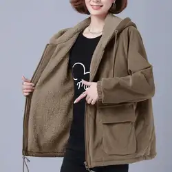 2024 New Fashion Plus velvet Thick Short Jacket Women's Warm Corduroy Hooded Coat Plus size Zipper Cotton Outerwear Female Tops