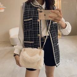 Plush Tote Bags Pearl Chain Bag For Women 2021 Winter Soft Fluffy Bags Solid Furry Luxury Designer Handbag Fur Shoulders Bags