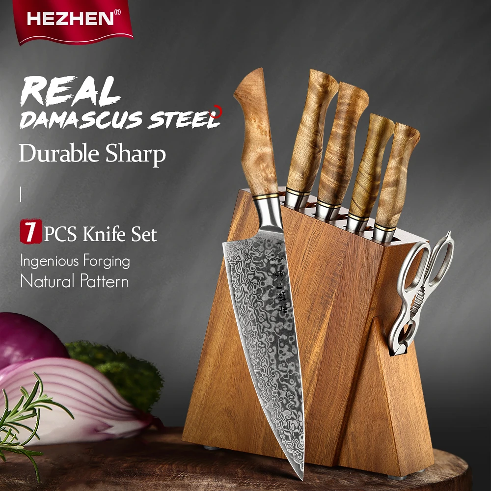 HEZHEN 7PC zestaw noży profesjonalny Damascus Steel Chef Santoku chleb narzędzie Paring Cook nóż do mięsa ostry nóż kuchenny