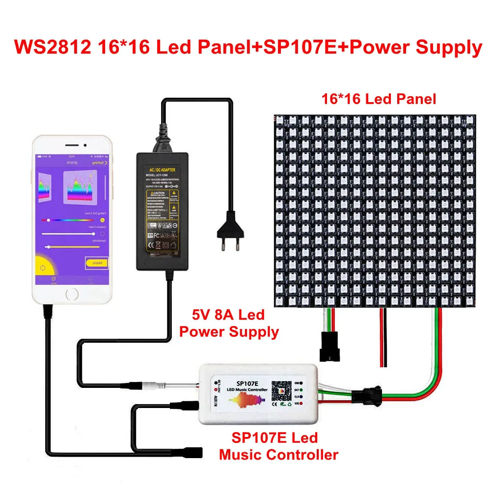 WS2812B Individually Addressable 8x8 16X16 8X32 WS2812 LED Pixels Screen Panel With DC5V Transformer And SP107E Music Controller