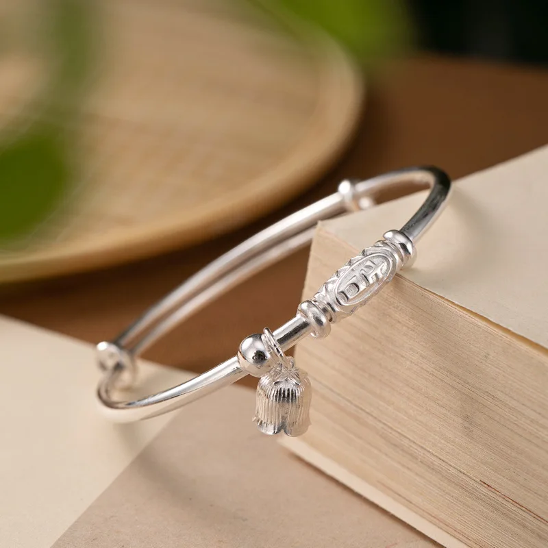 

★with lucky bracelet bell orchid accessories contracted glossy female push-pull bracelet 999 fine silver solid bracelet