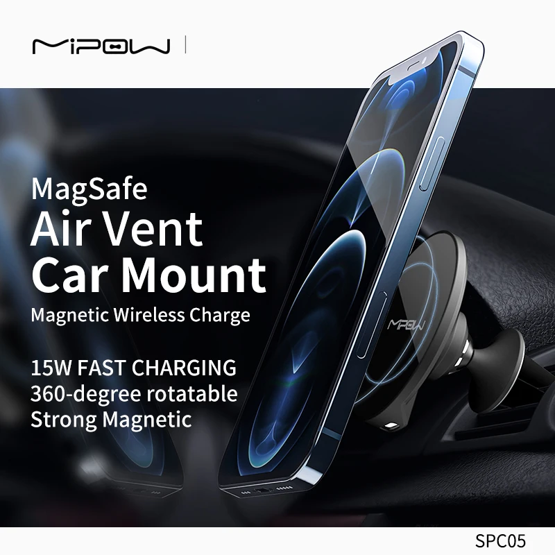 MIPOW for MagSafe Car Mount Wireless Car Charger Phone Holder for iPhone 13 12 ProMax Universal 15W QI Magnetic Car Phone Holder