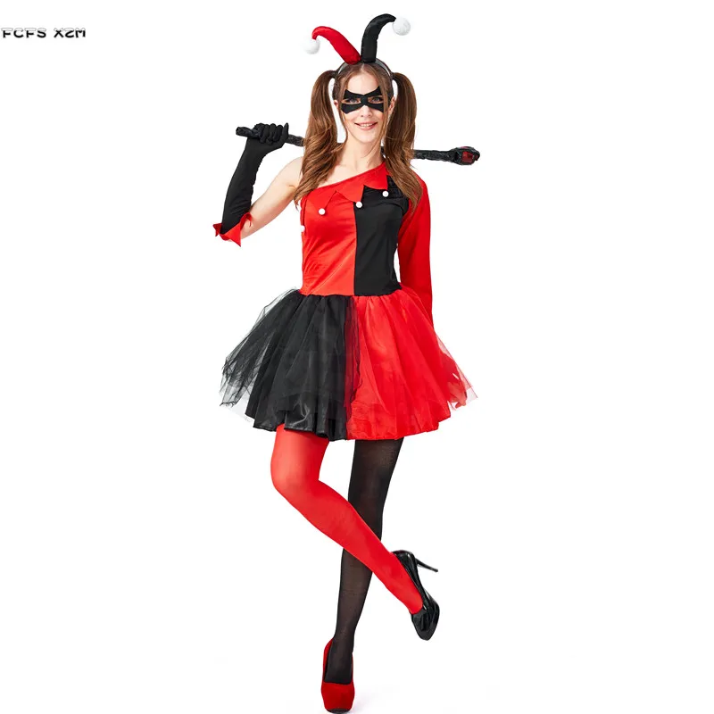 Adult Women Halloween Circus Clown Costumes Female Droll Joker Cosplay Carnival Purim Parade Nightclub Bar Role Play Party Dress