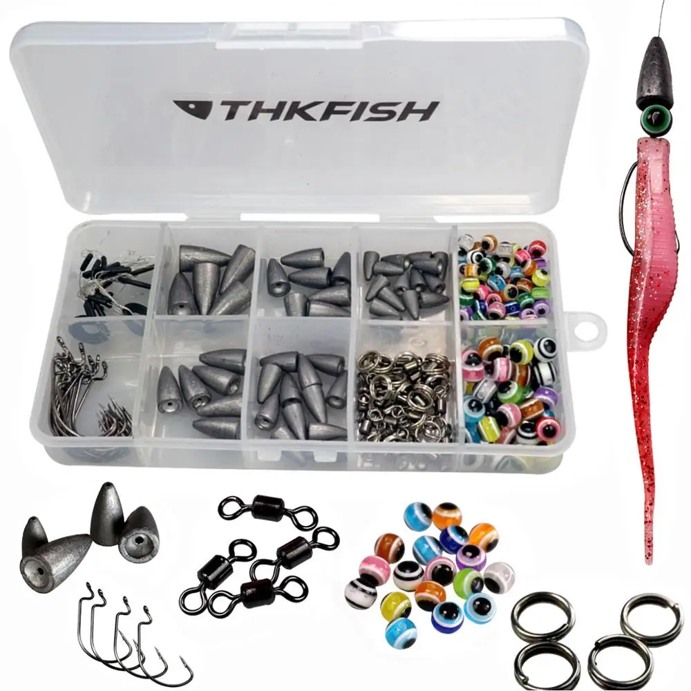 THKFISH 219pcs Fishing Sinkers Kit Fishing Hooks Bullet Shape Lead Weights Fishings Swivels Fish Eye Beads Fishing Tackle Sets