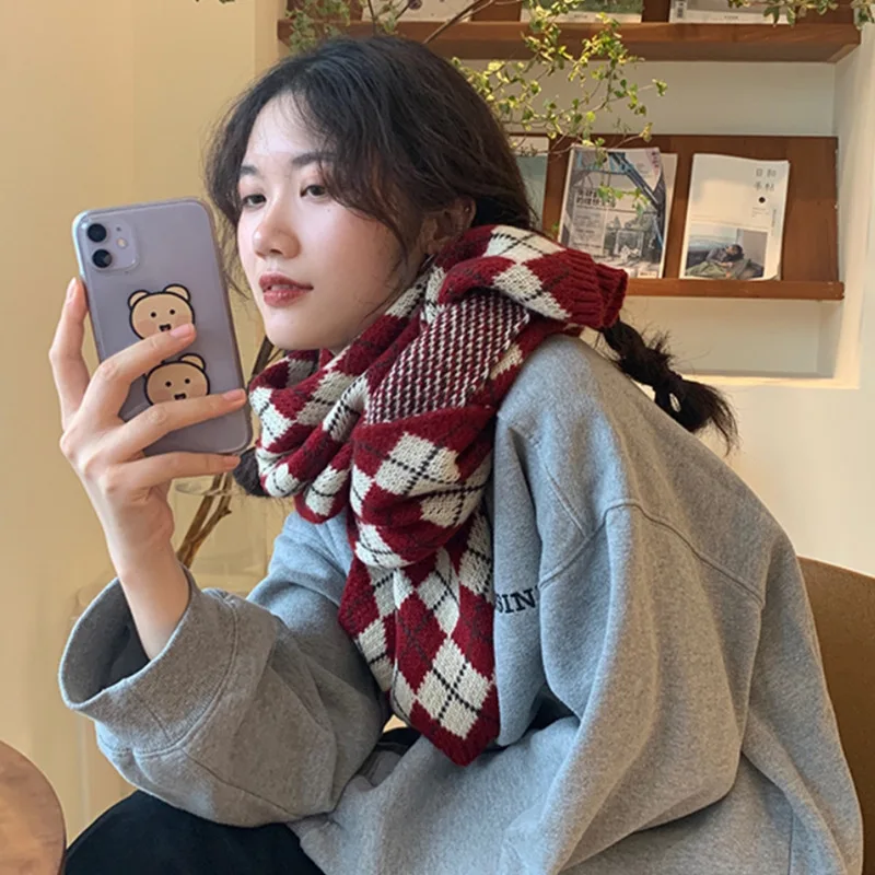 Wool Knitted Scarf Retro Plaid Scarf Women's Winter Scarf Vintage Rhombic Scarf Thick Foulard Shawl for Female image 5
