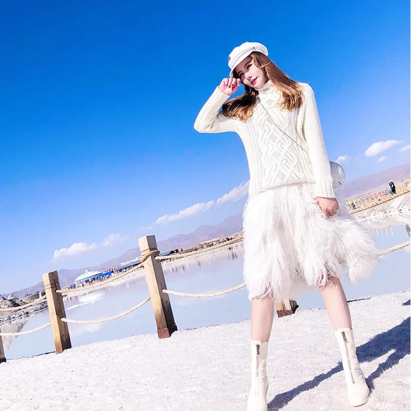 

Real Ostrich Feather Skirts for Women White Fluffy 2021 New Fashion long Skirt S59