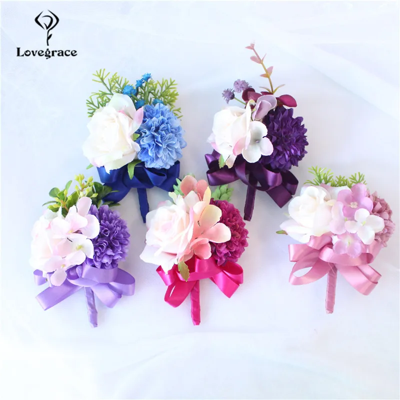 ปลอม Rose ดอกไม้ Corsages สร้อยข้อมือเพื่อนเจ้าสาวเจ้าบ่าว Boutonniere Corsages Man แต่งงาน Corsage สร้อยข้อมือดอกไม้