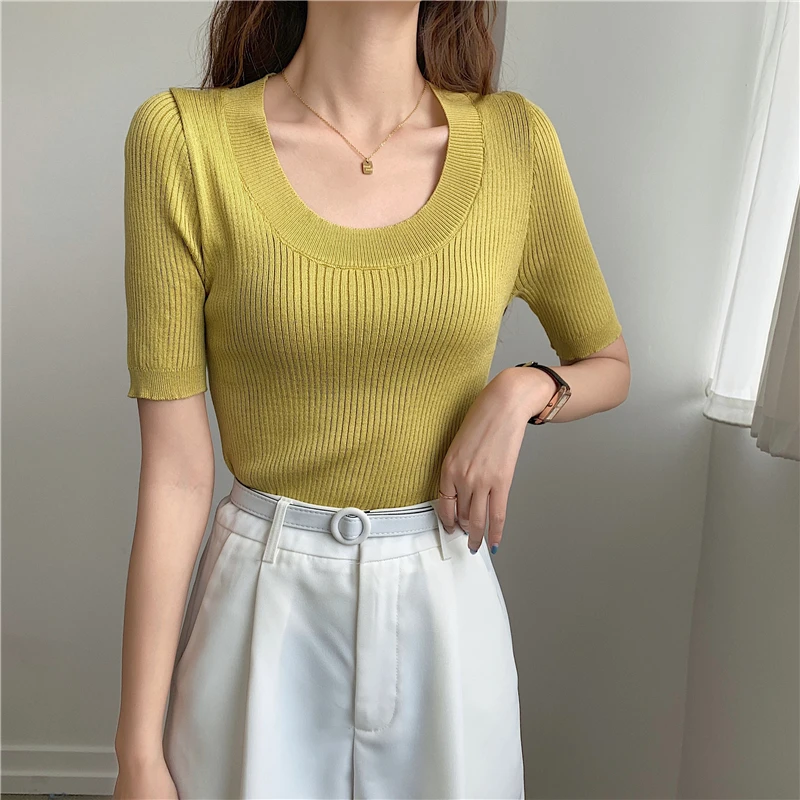 Short Sleeve knitted Pullover Sweater Women Summer Slim Basic Solid Casual Base Female Knit Shirts 2021 Korea Office Lady Tops