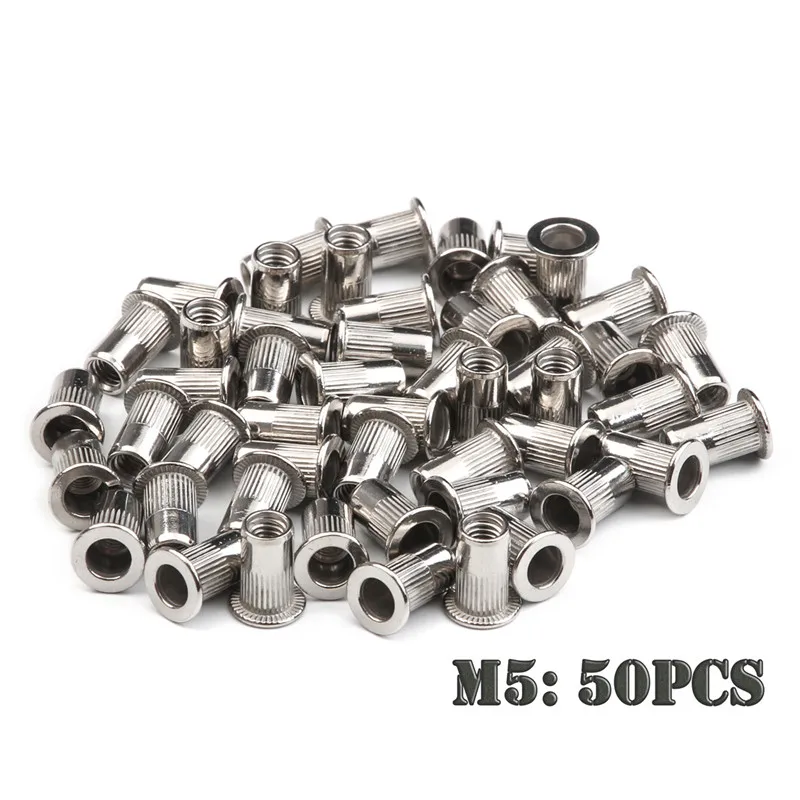 50 PCS Stainless Steel Flat Head Rivet Nuts Set M3 M4 M5 M6 Insert Reveting Multi Size Stainless Steel Rivet Nut Set