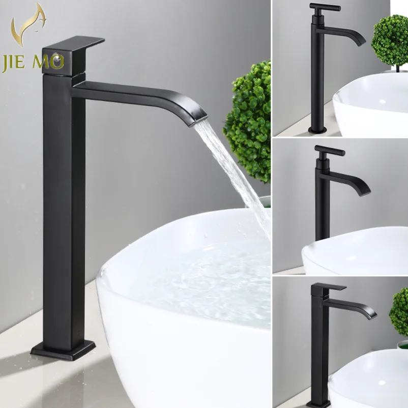 black stainless steel Single Cold Faucet Black Paint Operation Bathroom Basin Tap High Faucets