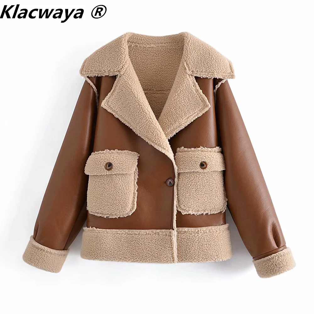 Klacwaya 2021 Women Fashion Artificial Leather Lambswool Reversible Coat Vintage Long Sleeve Female Winter Keep Warm Jacket