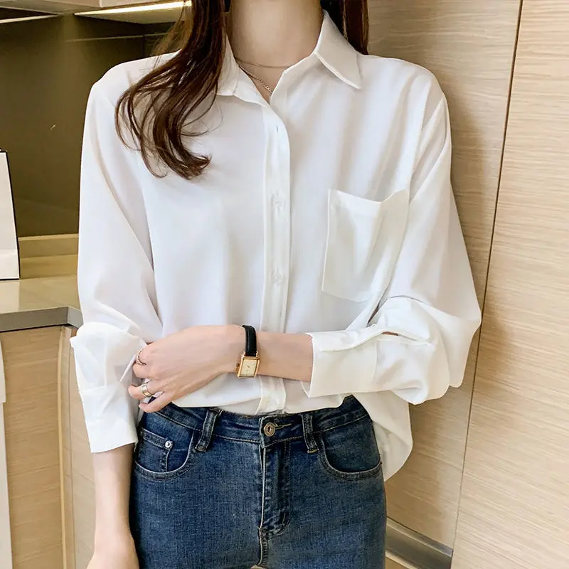 

Long Sleeve Blue White Loose Casual Blouse Women Summer Fall Top Folds Elegant Work Office Shirt Chiffon BlouseDM0088