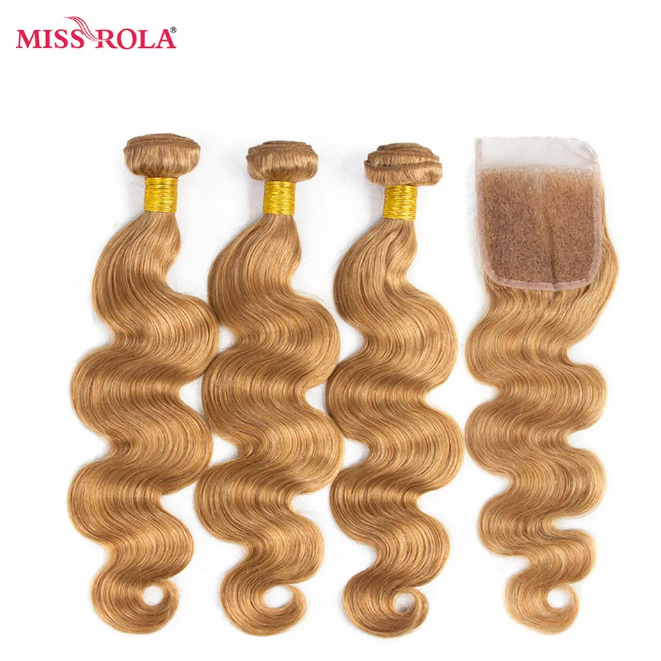 Miss Rola Brazilian Body Wave Human Hair Weaving 3 Bundles With 4*4 Closure 27# Blonde Ombre Remy Hair Bundles With Closure