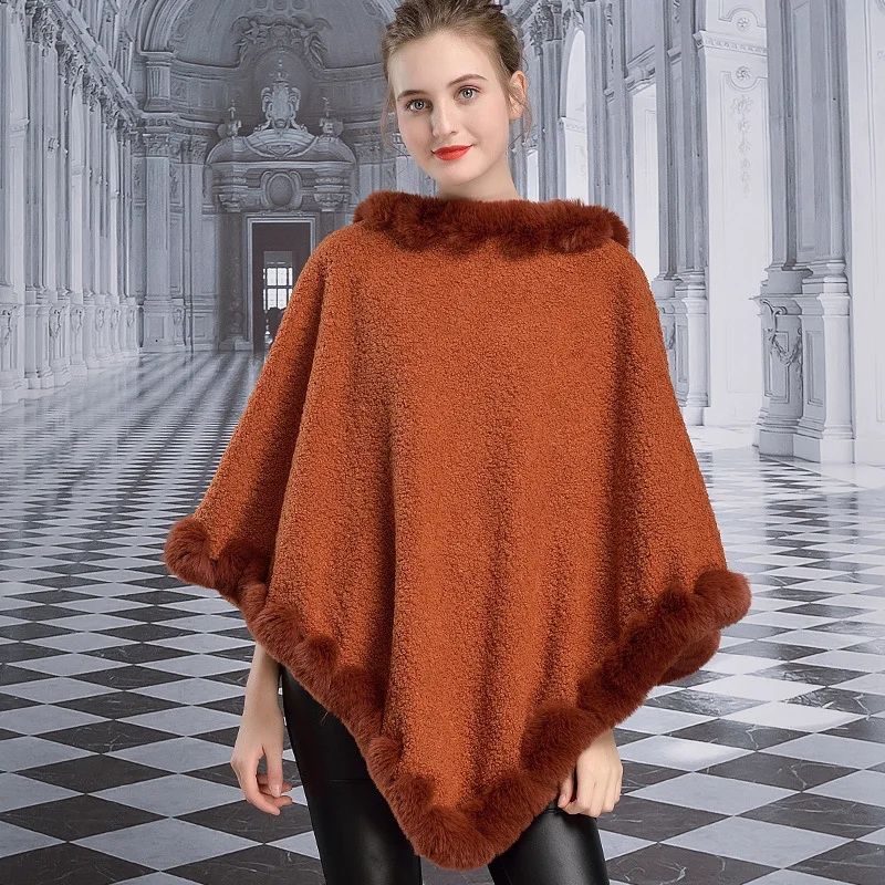 

5 Color Winter Faux Rex Fur Rabbit Poncho Cape Loose Pullover Women Triangle Plus Size Lamb Velvet Outstreet Wear Shawl Overcoat