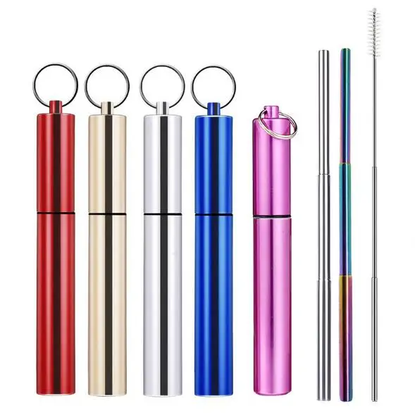 10sets Telescopic Metal Drinking Straw Collapsible Reusable Straw Portable Stainless Steel Straw with Case and Brush