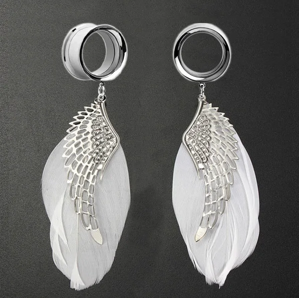 1 Pair Ear Tunnel Plug Stainless Steel Ear Gauges Flesh Piercing Feather Wing Pendant Ear ExpanderEar Reamer  Expansores Oreja