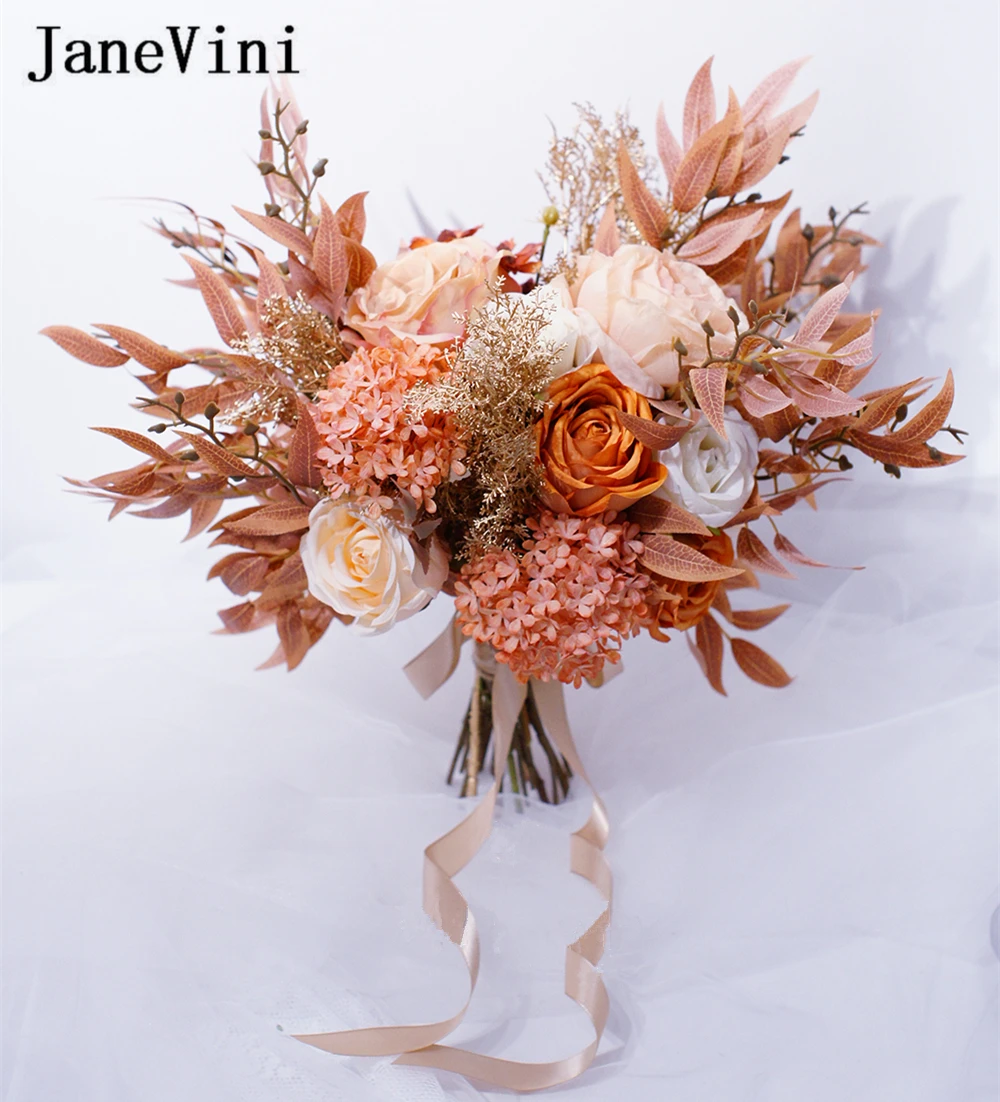 JaneVini – Bouquet de mariée Orange clair, élégant, fleurs artificielles de mariage, Roses hortensia, toucher réel charmant, soie, 2021