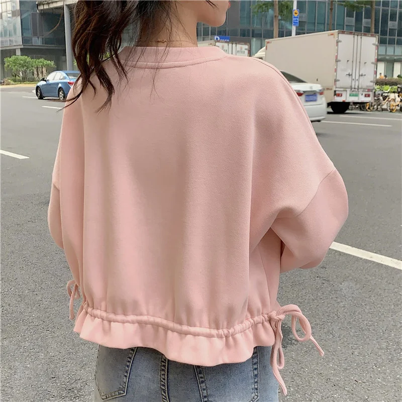 Cropped Hoodies Women Sweet Solid Apricot Design Shirring O-neck Baggy Sweatshirts Japanese Style Long Sleeve Tops Students Chic