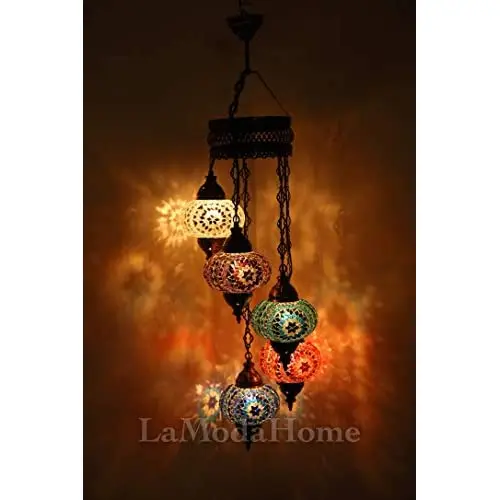 LaModaHome 40 + Unique Colors, 2020 Customizable Chandelier 5 Globes + Free 5 Bulbs, stunning Mosaic Turkish Lamp Moroccan Light